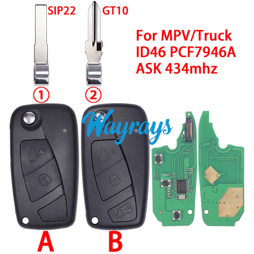 For Fiat/Iveco/Citroen/Peugeot  MPV/truck ID46 chip PCF7946A with ASK 434mhz 2/3 button remote key
