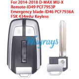 Original for Isuzu 2014-2018 D-MAX MU-X ACJ932U01 ID49 PCF7953P+ID46 PCF7936A chip with FSK 434mhz keyless 2 button remote key