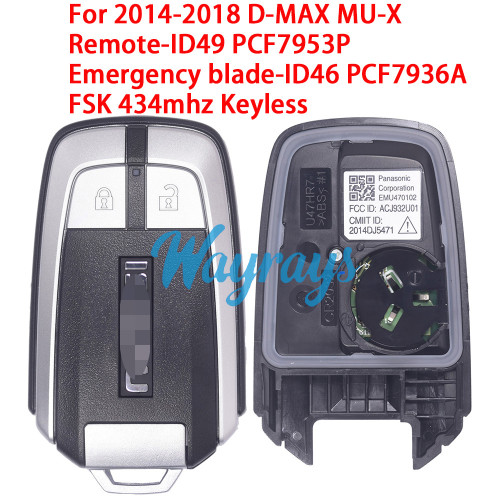 Original for Isuzu 2014-2018 D-MAX MU-X ACJ932U01 ID49 PCF7953P+ID46 PCF7936A chip with FSK 434mhz keyless 2 button remote key