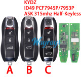 For Porsche KYDZ model ID49 chip PCF7945P/7953P with ASK 315mhz half-keyless 3/4 button remote key. Note: KYDZ only supplies the B shell; replacing the A/C shells incurs an additional cost.