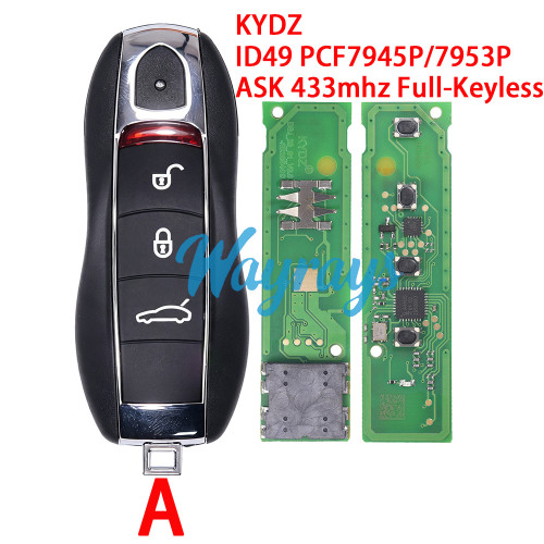 For Porsche KYDZ model ID49 chip PCF7945P/7953P with ASK 433mhz full-keyless 3/4 button remote key.Note: KYDZ only supplies the B shell; replacing the A/C shells incurs an additional cost.