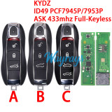 For Porsche KYDZ model ID49 chip PCF7945P/7953P with ASK 433mhz full-keyless 3/4 button remote key.Note: KYDZ only supplies the B shell; replacing the A/C shells incurs an additional cost.