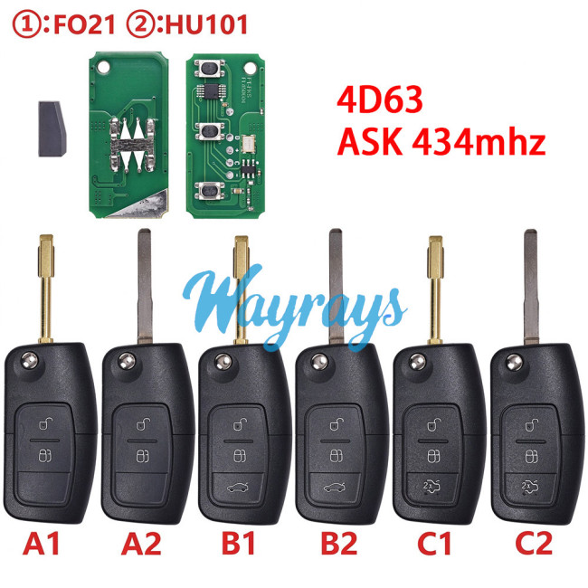 For Ford 4D63 chip with ASK 434mhz 2/3 button remote key