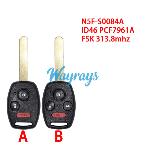 For Honda N5F-S0084A ID46 chip PCF7961A with FSK 313.8mhz 3+1 button remote key