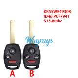 For Honda KR55WK49308 ID46 chip PCF7941 with 313.8mhz 2+1/3+1 button remote key