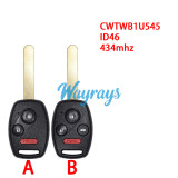 For Honda CWTWB1U545 ID46 chip with 434mhz 2+1/3+1 button remote key