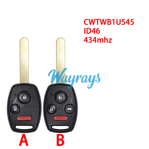 For Honda CWTWB1U545 ID46 chip with 434mhz 2+1/3+1 button remote key