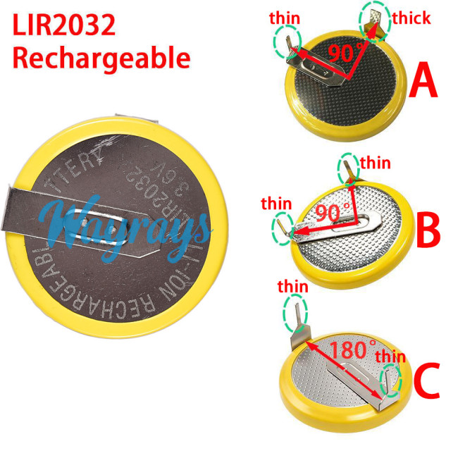 LIR2032 solder lug rechargeable battery，90° solder joint