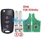 For Hyundai ID46 chip with FSK 434mhz 3 button remote key,choose blade