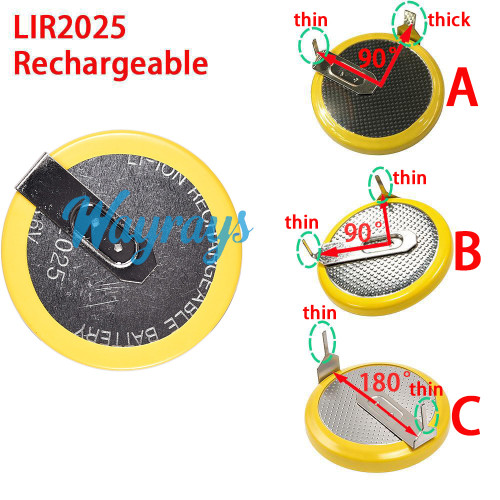 LIR2025 solder lug rechargeable battery，90° solder joint