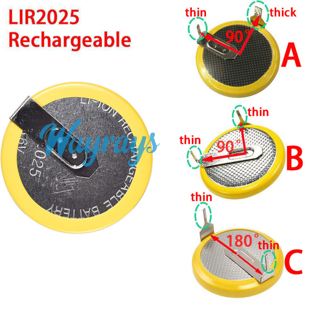 LIR2025 solder lug rechargeable battery,90° solder joint
