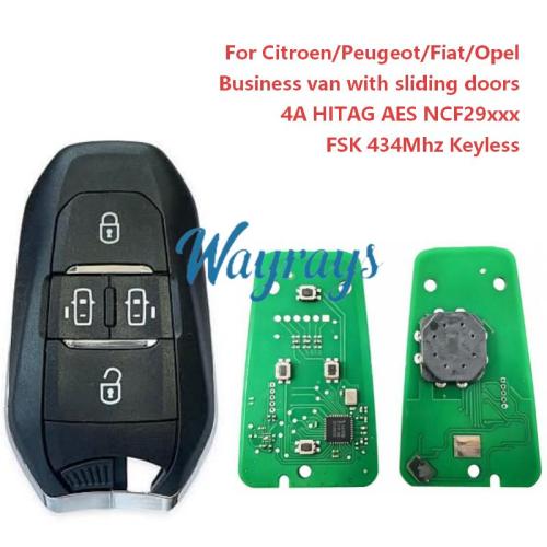 For Citroen Jumpy / Spacetourer，Peugeot Expert / Traveller，Fiat Scudo / e-Scudo，Opel Zafira Life / Vivaro IM3A 4A chip HITAG AES NCF29xxx with FSK 434Mhz keyless 4 button remote key