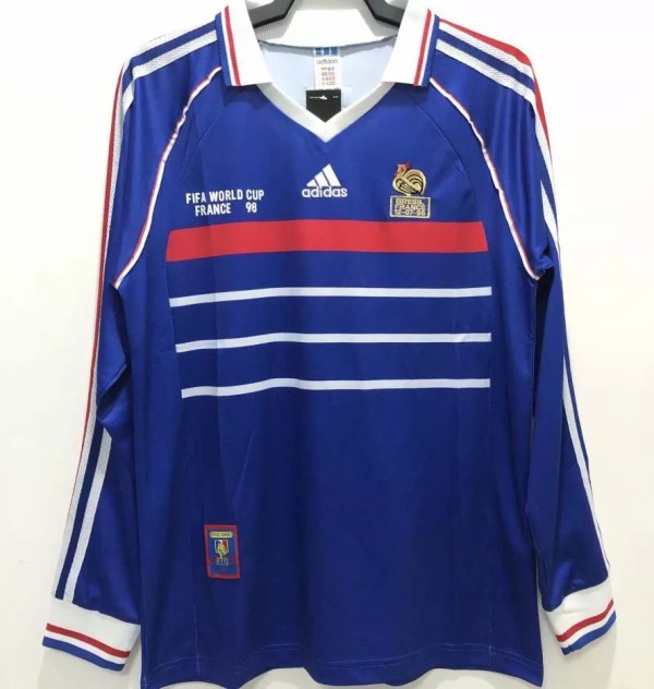 1998 France Home Long Sleeve Retro Soccer Jersey(带决赛字)