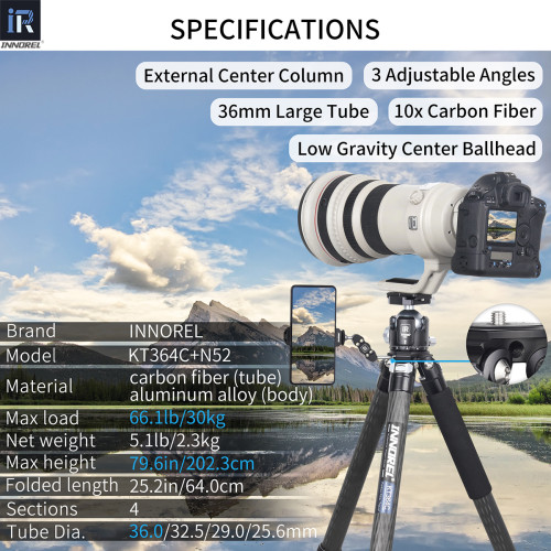 Carbon Fiber Camera Tripod 36mm Tube INNOREL KT364C