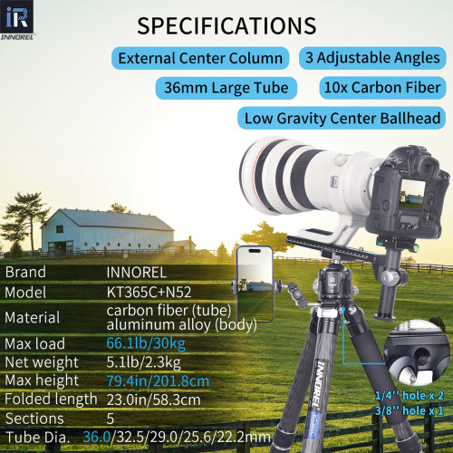 INNOREL Carbon Fiber Compact Tripod KT365C 36mm Tube