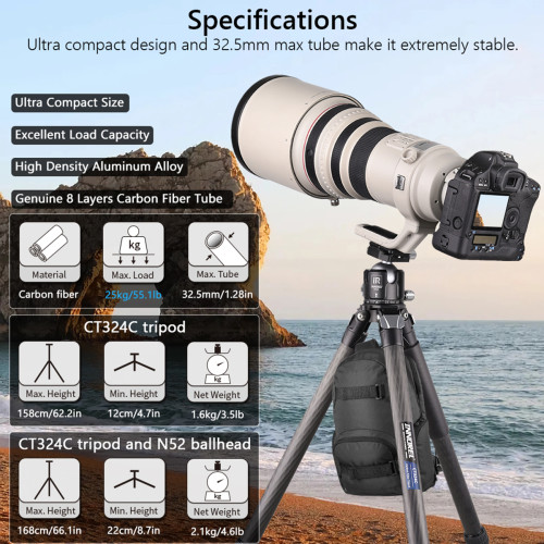 Compact Carbon Fiber Tripod with Stone Bag INNOREL CT324C 