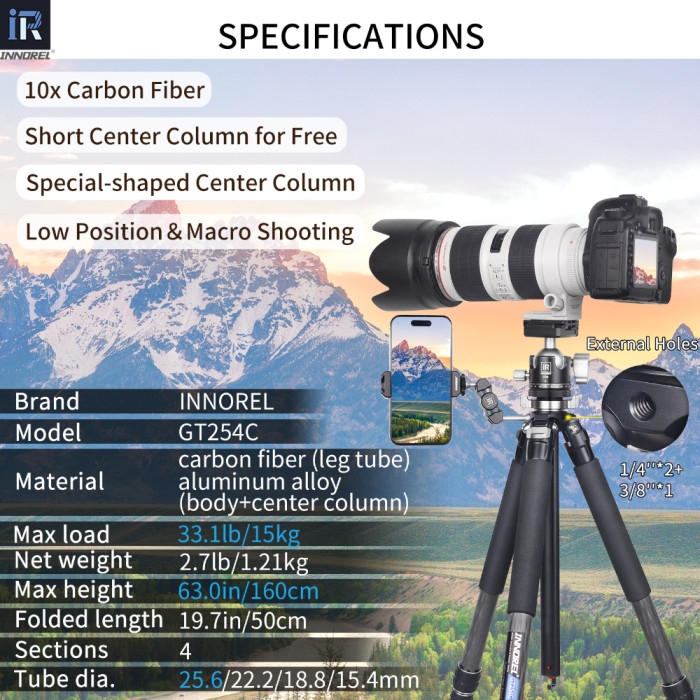Portable Carbon Fiber Camera Tripod INNOREL GT254C 