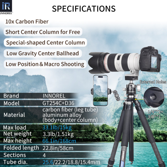 Portable Carbon Fiber Camera Tripod INNOREL GT254C 