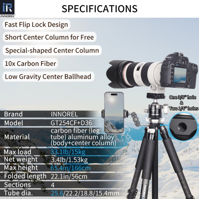  Professional Compact Portable Carbon Fiber Tripod INNOREL GT254CF 
