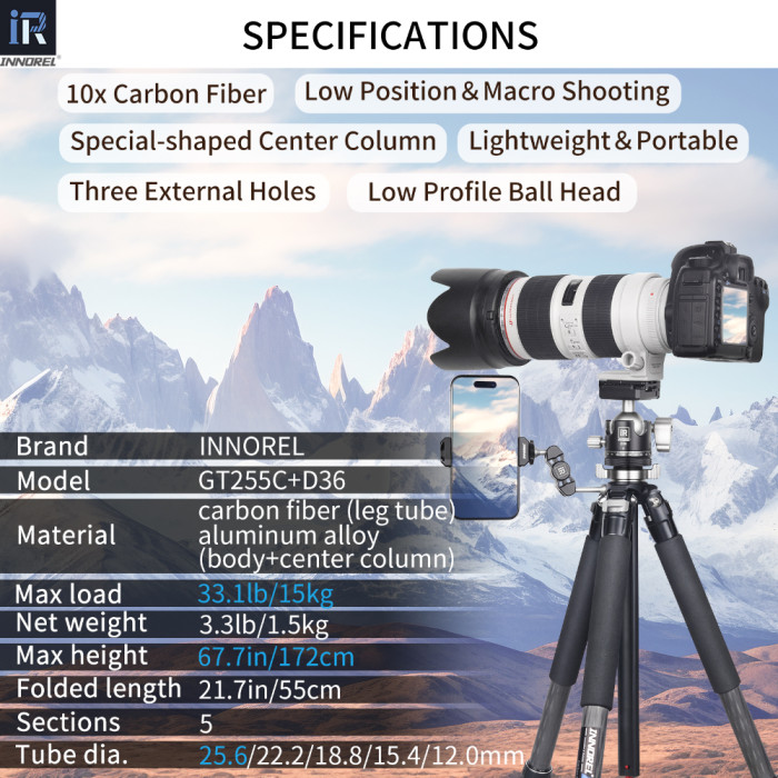  Professional Compact Carbon Fiber Camera Tripod INNOREL GT255C