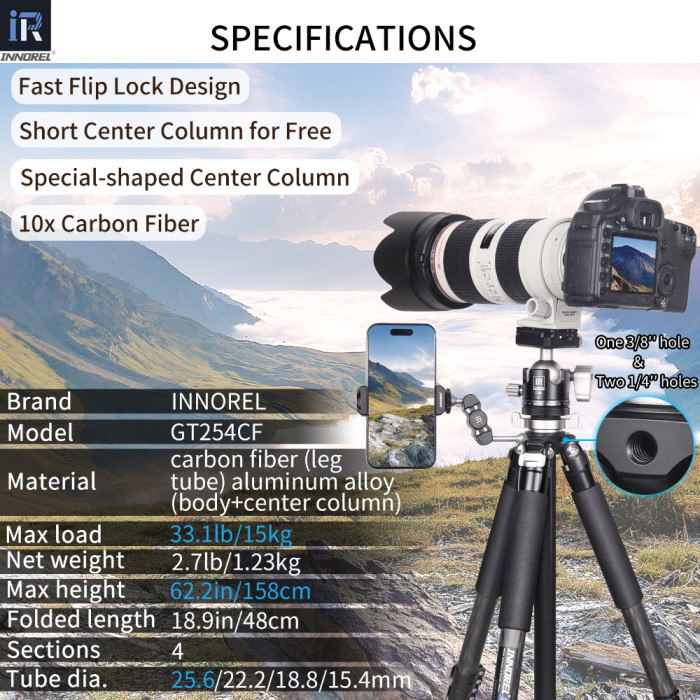  Professional Compact Portable Carbon Fiber Tripod INNOREL GT254CF 