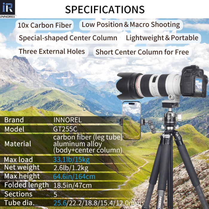  Professional Compact Carbon Fiber Camera Tripod INNOREL GT255C