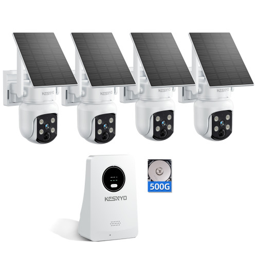KCSNYO Solar Security Cameras Wireless Outdoor, 4MP Solar Powered, 4 Cam kit, Color Night Vision, 360° PTZ, 500G HDD Local Recording, No Monthly Fees
