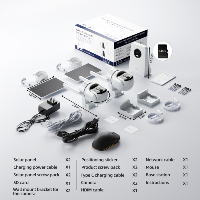 KCSNYO Solar Powered Security Cameras Wireless Outdoor, 4MP Cameras for Home Security, 2 Cam kit with Color Night Vision, 360° PTZ, 64G SD Local Recording, No Monthly Fees