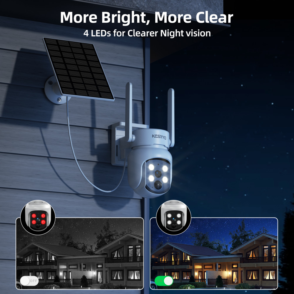 KCSNYO Solar Security Cameras Wireless Outdoor, 4MP Solar Powered, 4 Cam kit, Color Night Vision, 360° PTZ, 500G HDD Local Recording, No Monthly Fees