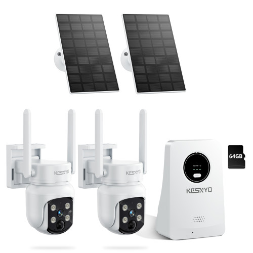 KCSNYO Solar Powered Security Cameras Wireless Outdoor, 4MP Cameras for Home Security, 2 Cam kit with Color Night Vision, 360° PTZ, 64G SD Local Recording, No Monthly Fees
