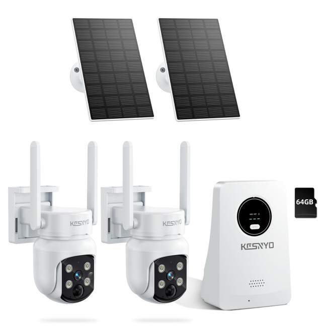 KCSNYO Solar Powered Security Cameras Wireless Outdoor, 4MP Cameras for Home Security, 2 Cam kit with Color Night Vision, 360° PTZ, 64G SD Local Recording, No Monthly Fees