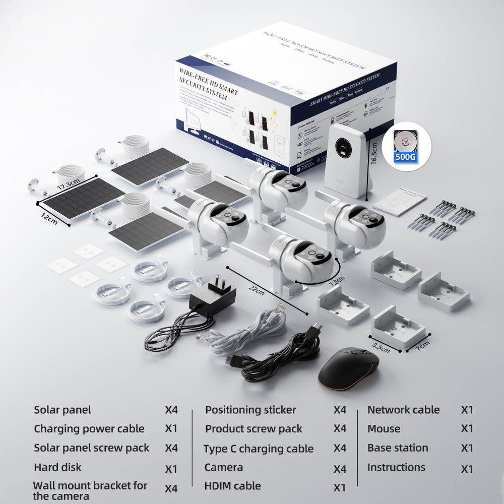 KCSNYO Solar Security Cameras Wireless Outdoor, 4MP Solar Powered, 4 Cam kit, Color Night Vision, 360° PTZ, 500G HDD Local Recording, No Monthly Fees