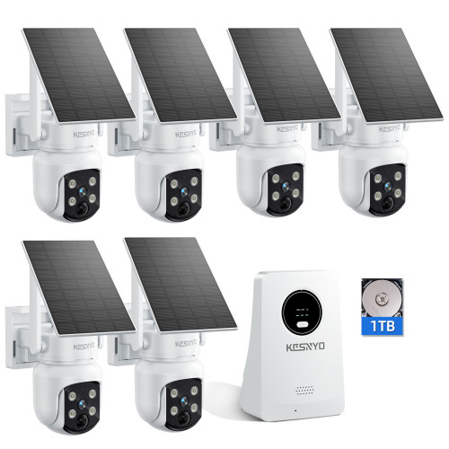 Solar Security Cameras Wireless Outdoor, 4MP Solar Powered, 6 Cam kit, Color Night Vision, 360° PTZ, 1TB HDD Local Recording, No Monthly Fees