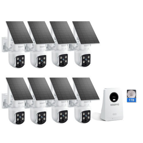 Solar Security Cameras Wireless Outdoor, 4MP Solar Powered, 8 Cam kit, Color Night Vision, 360° PTZ, 1TB HDD Local Recording, No Monthly Fees