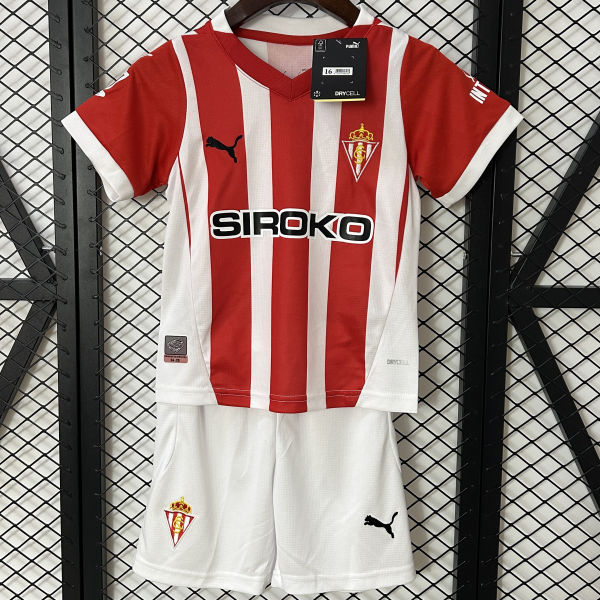 2024/25 Gijon Home Red White Kids Soccer Jersey 希洪竞技