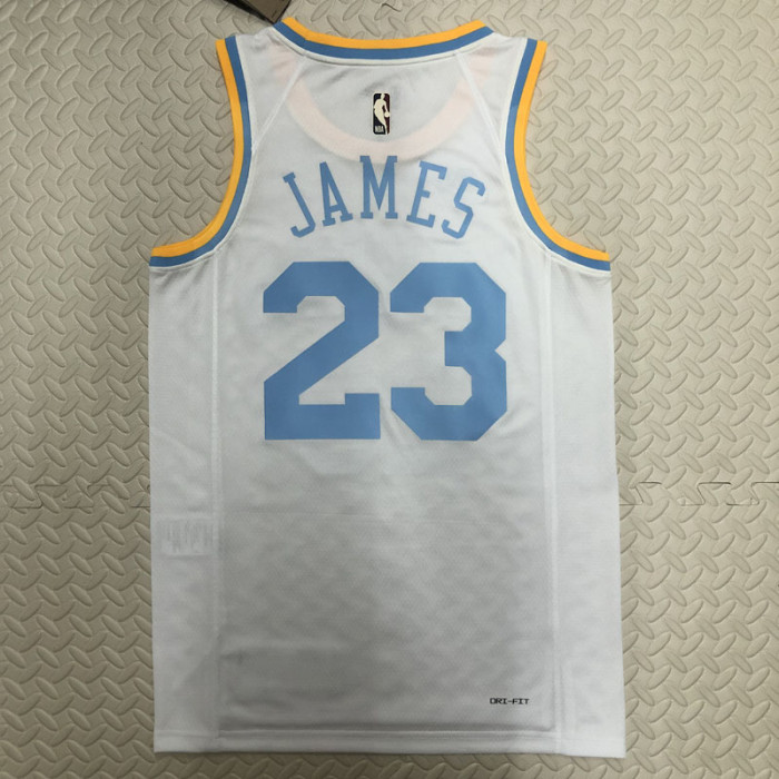 22-23 LAKERS JAMES #23 White Top Quality Hot Pressing NBA Jersey (Retro Logo)