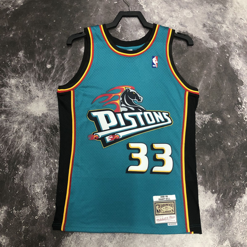 1998 Pistons HILL #33 Light blue Retro Top Quality Hot Pressing NBA Jersey