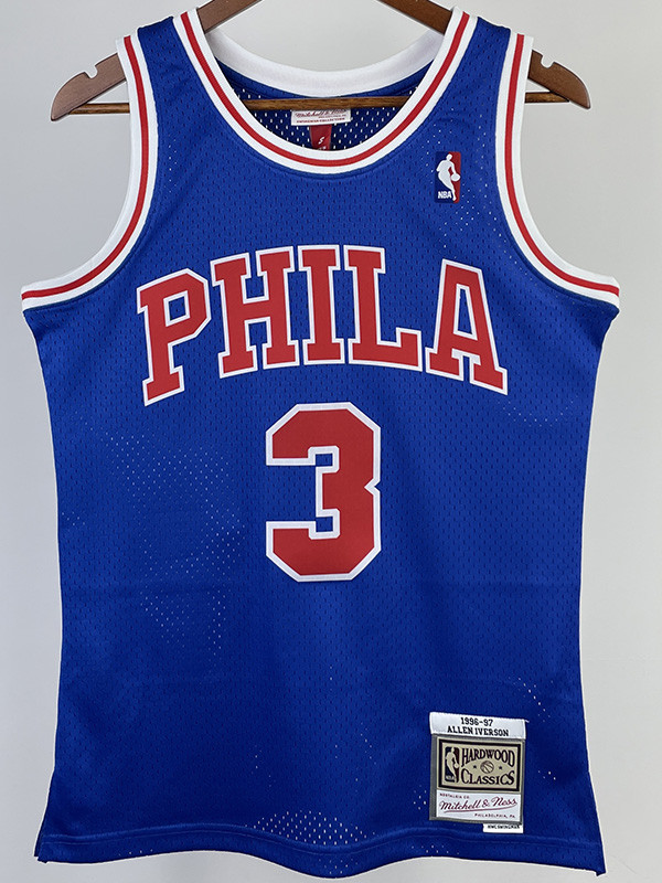 1996-97 76ERS IVERSON #3 Blue Retro Top Quality Hot Pressing NBA Jersey(圆领）