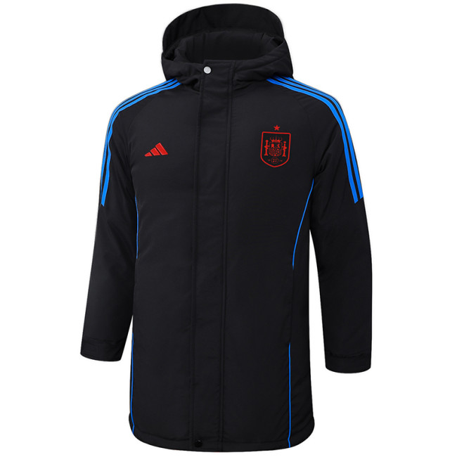 24-25 Spain Black Hooded Windbreaker Fabric Cotton Coat #G233