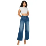 PREJEAN Women's Double Waistband High-Rise Wide Leg Jeans