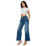 PREJEAN Women's Double Waistband High-Rise Wide Leg Jeans