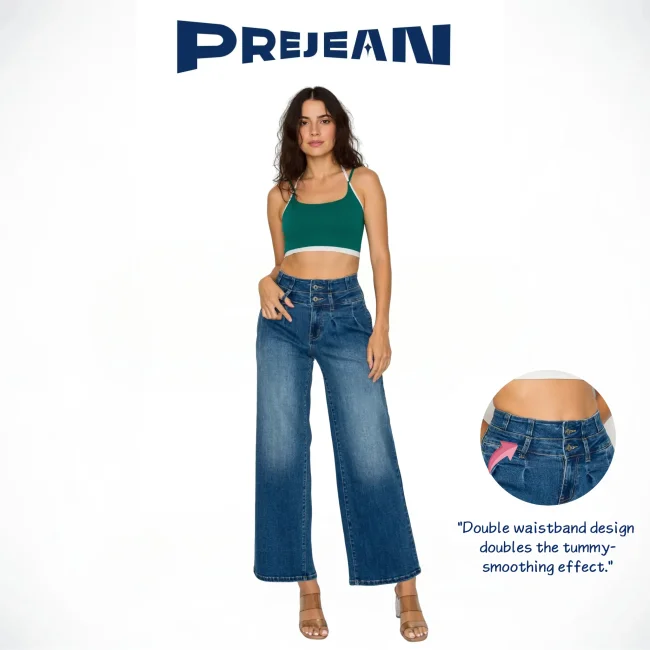 PREJEAN Women's Double Waistband High-Rise Wide Leg Jeans
