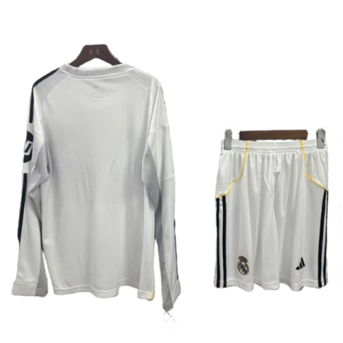 2025-26 Real Madrid Home Kids Long Sleeve Soccer jersey Kit Jersey+Shorts