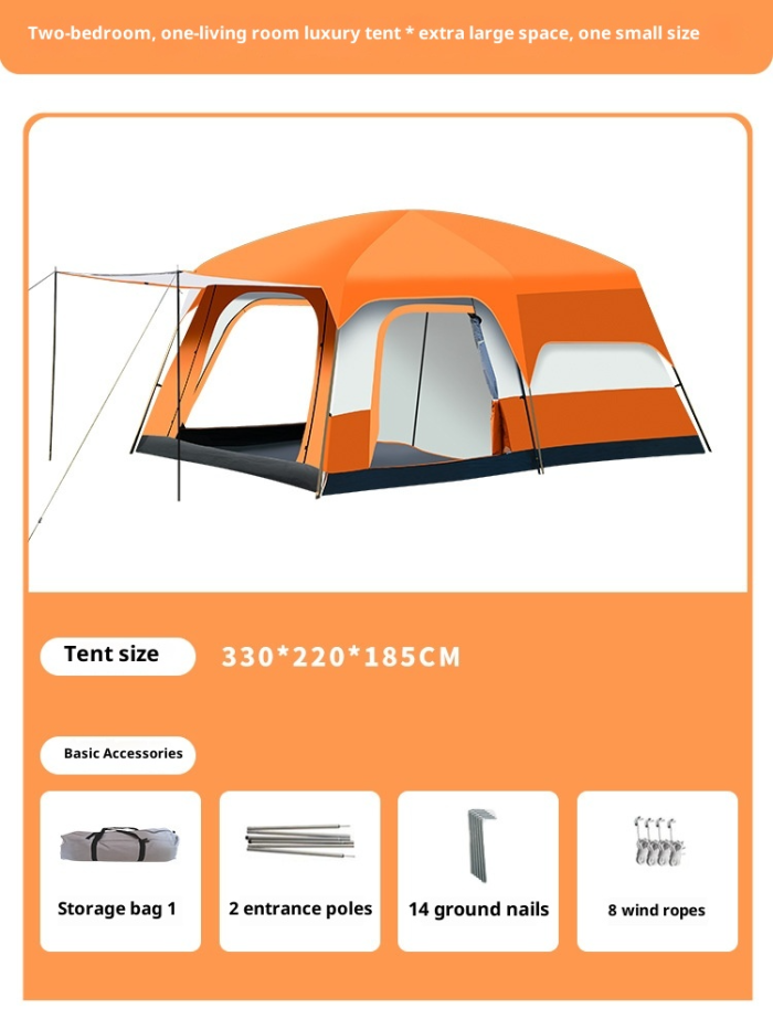 Camping tents for 3-4 people, two bedrooms and one living room, 5-8 people, two bedrooms, and 10 people
