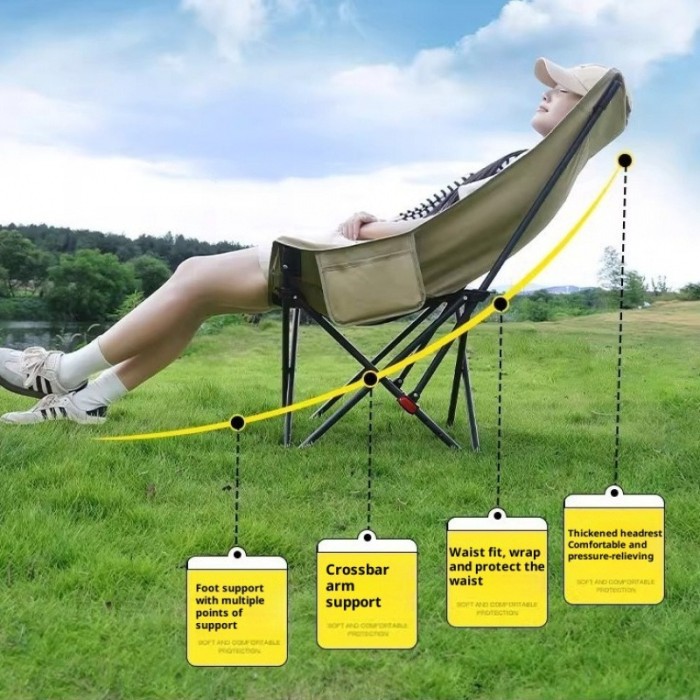 A complete list of outdoor camping supplies: foldable small chairs with adjustable high backs, moon chairs, fishing chairs, and camping essentials