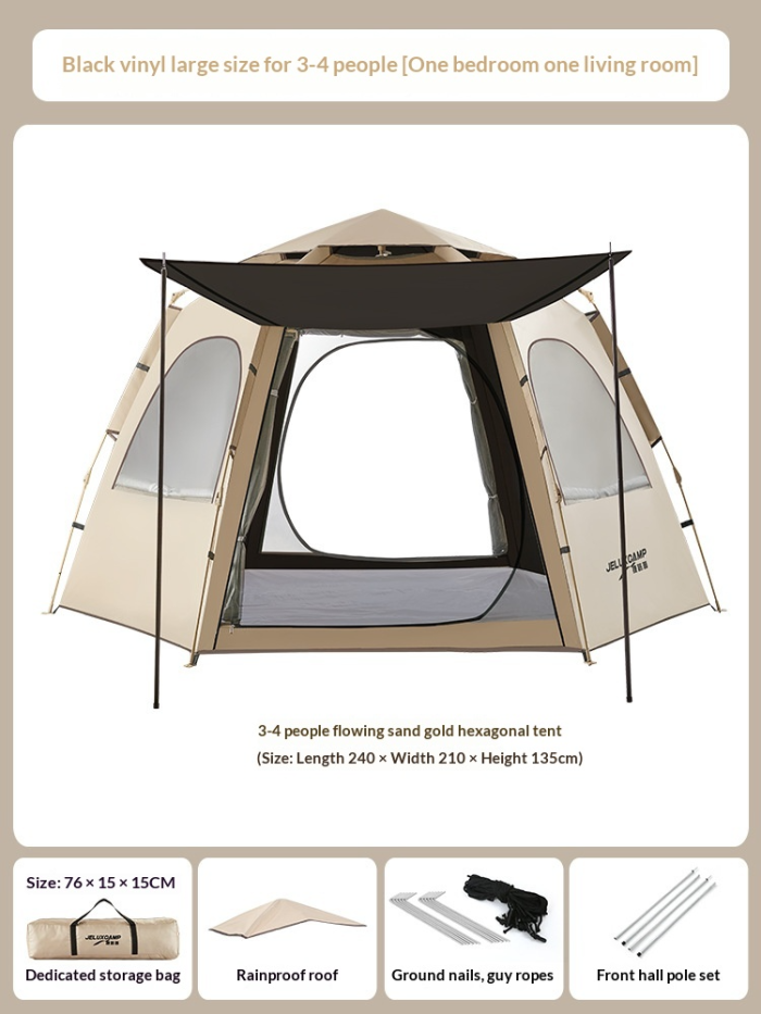 Tent Outdoor Folding Fully Automatic Rain proof Flowing Sand Golden Hexagonal Tent Thickened Camping Equipment Park Outing Picnic Tent
