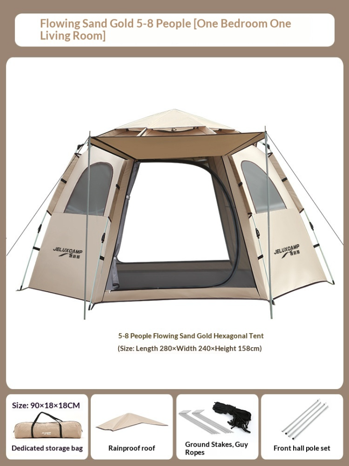 Tent Outdoor Folding Fully Automatic Rain proof Flowing Sand Golden Hexagonal Tent Thickened Camping Equipment Park Outing Picnic Tent