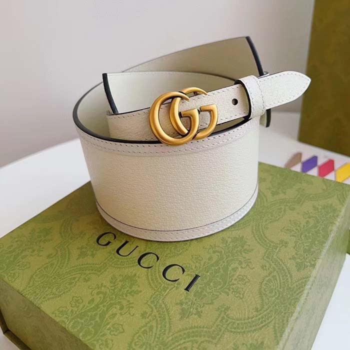 Gucci Unisex GG Marmont Wide Belt White Leather Double G 6.9 CM Width