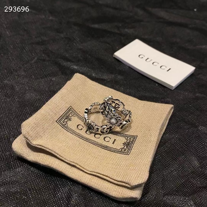 Gucci Unisex Double G Mother Of Pearl Ring Flowers Resin Blue Topaz Stones 925 Sterling Silver