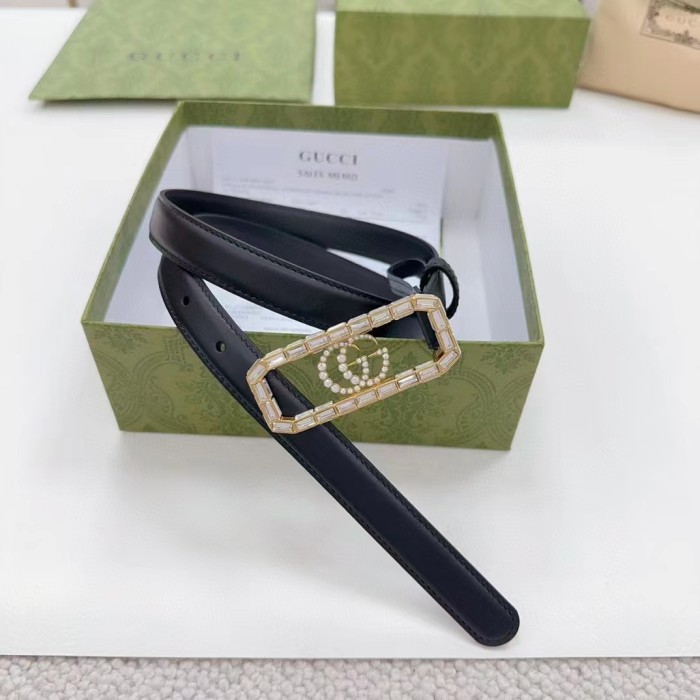 Gucci Unisex GG Thin Belt Crystal Double G Buckle Black Leather 2 CM Width